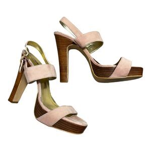 Colin Stuart size 9B blush pink leather with wooden look stiletto heels strappy
